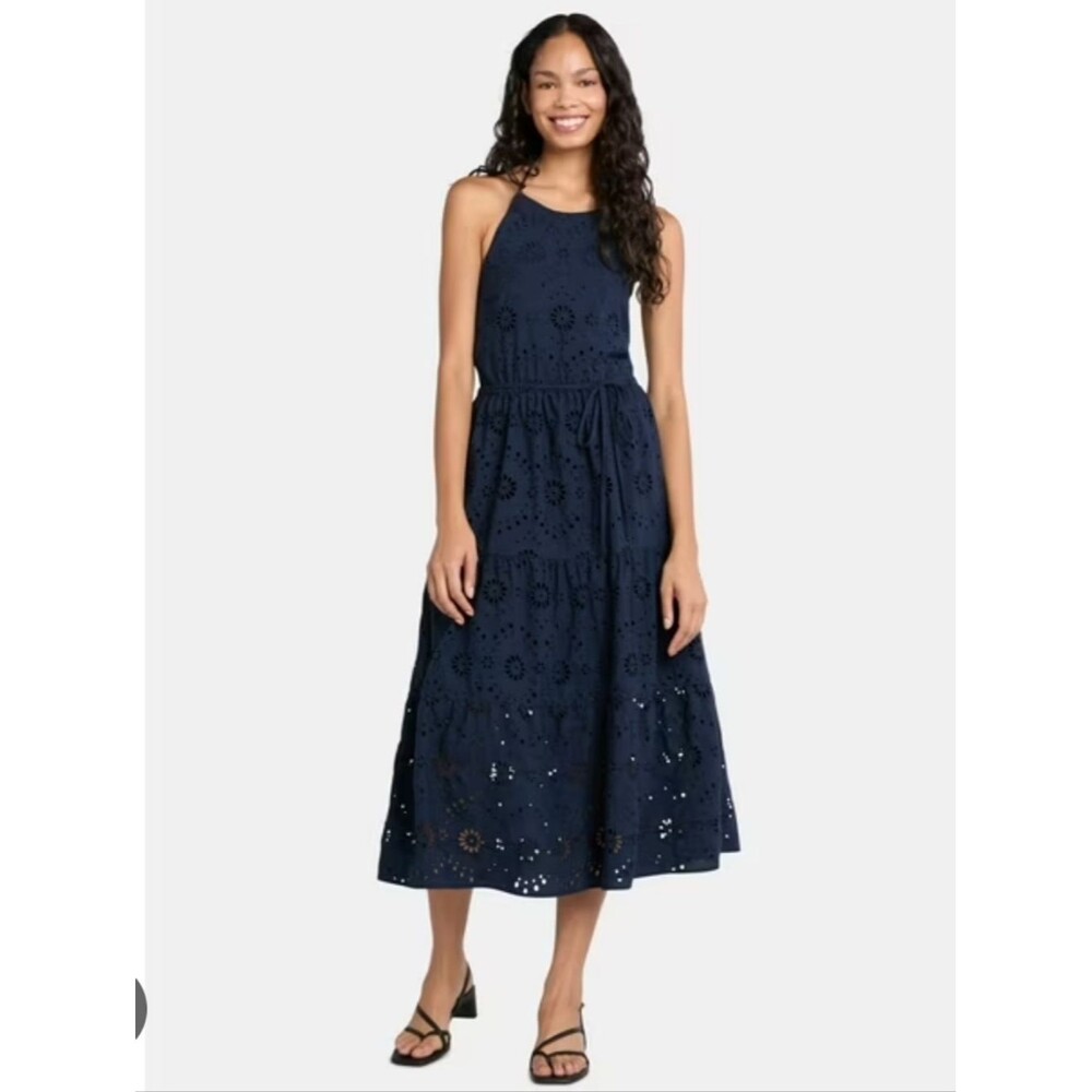 Time And Tru Navy Eyelet Lace Halter Midi Dress Size S